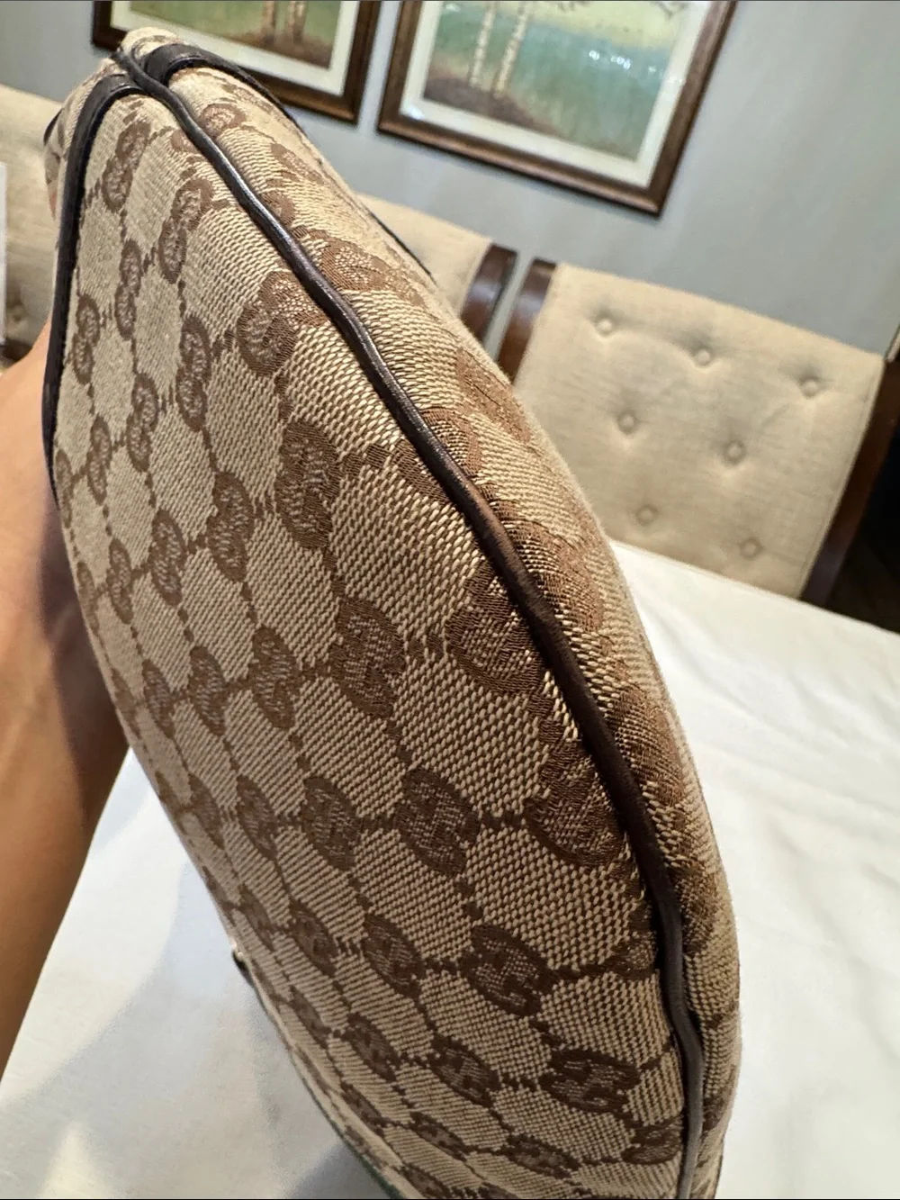 Authentic Gucci Beige GG Canvas Hobo with Red and Green Web Stripe